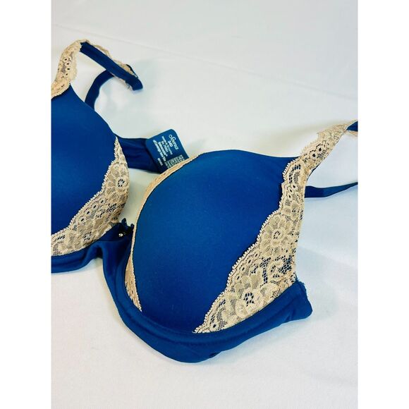 SOMA Embraceable Full Coverage Lace Trim Blue Beige Bra 34D EUC Underwire Bow - Picture 2 of 6